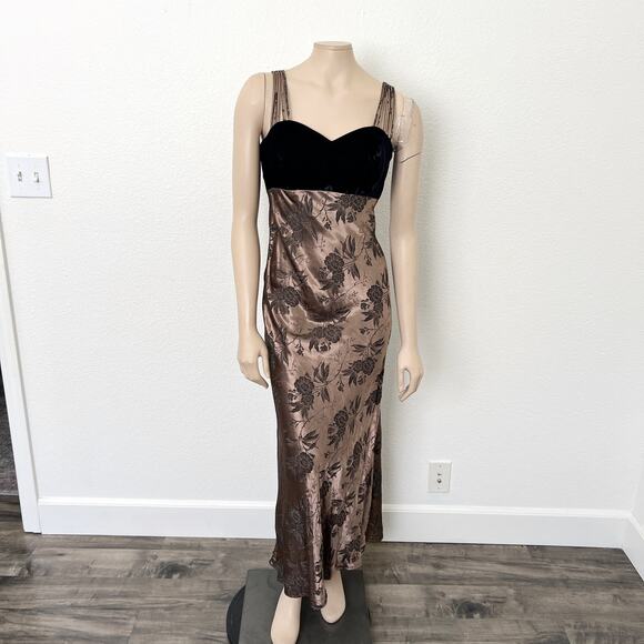 [Vintage] 90s All That Jazz Small Brown Floral Print Satin Velvet Strappy Dress - Picture 1 of 11